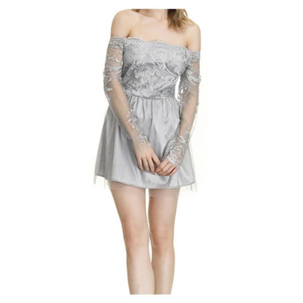 

casual dresses embroidered one-piece shoulder stitched lace dress, Black;gray