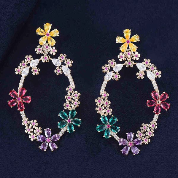 

godki trendy flower cluster drop for women wedding cubic zircon crystal cz dubai bridal dangle earrings, Black