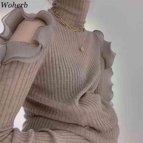 Queda Mulheres Roupas Turtleneck Hollow Out Off Knit Bruxes Ruffles Slim Fir Sweaters Jumper Sueter 210519