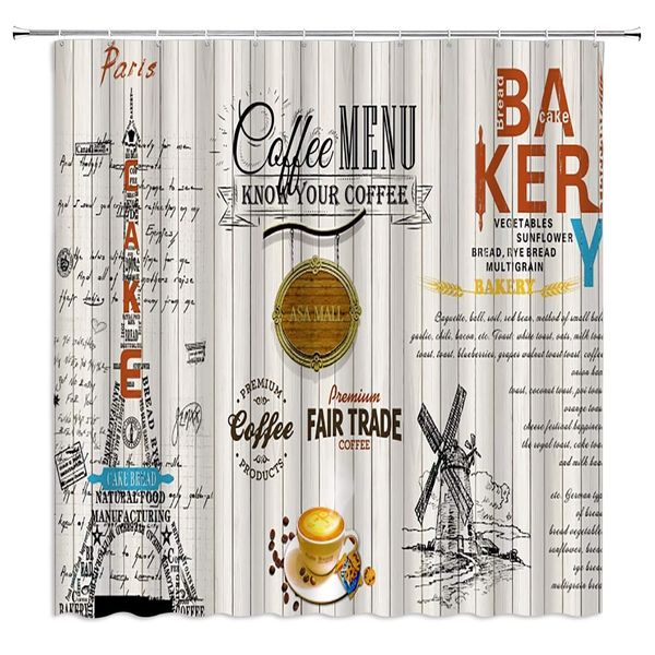 

sztnsm eiffel tower shower curtain vintage wooden board coffee shop slogan text building farm landscape pattern,70x70 inch