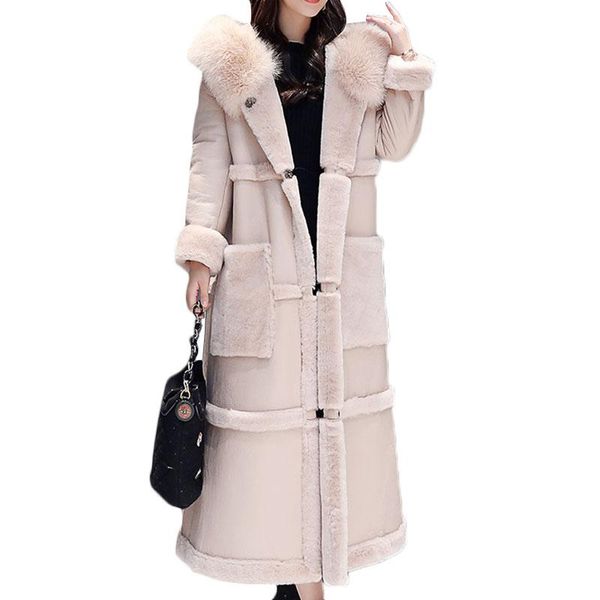 

women's trench coats winter plus size cotton clothing coat women fashion thick warm fur collar slim jacket casual knee long e006, Tan;black