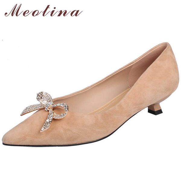 

meotina med heels genuine leather women shoes crystal bow pointed toe pumps kid suede thin heel ladies footwear spring apricot 210608, Black