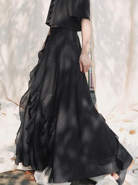 

skirts 2021 summer fashion women high waist loose a-line ruffles mesh sweet chiffon and linen long skirt v357, Black