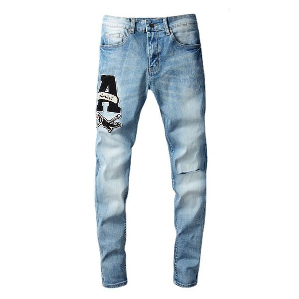 

men's jeans high street big letter embroidered jeans torn fashion designer men thin fit hip hop dance party 3jsk, Blue