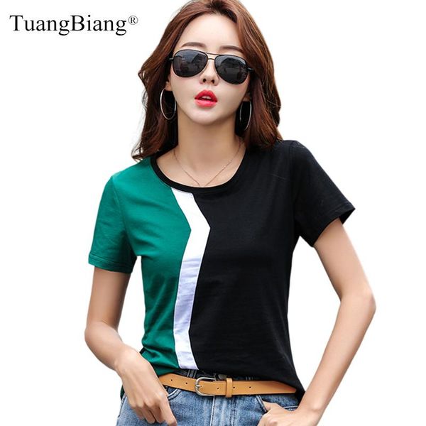 

women's t-shirt black green contrasting colors cotton women 2021 summer white striped fashion t shirt lady short sleeve slim o-neck