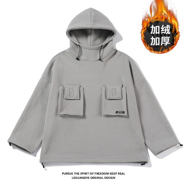 

men's hoodies & sweatshirts men thicken hoodie streetwear sweatshirt zipper pocket patches 2021 harajuku cotton fleece hooded pullover, Black