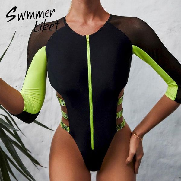 

sports one piece swimsuit female patchwork monokini long sleeves swimwear women zipper bathing suit thong bodysuit set one-piece suits