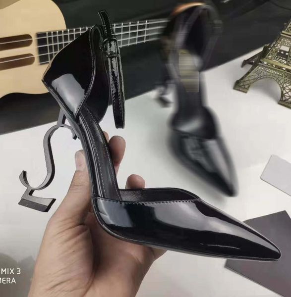 

designer sandals opyum amber cassandra women high heels pointed patent leather sandal metal letter heels open toe stiletto heel classic shoe, Black
