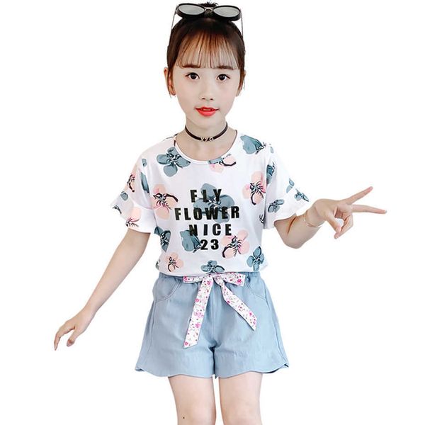 

girls clothes letter tshirt + short clothing for floral pattern teenage summer children's tracksuits 210528, White