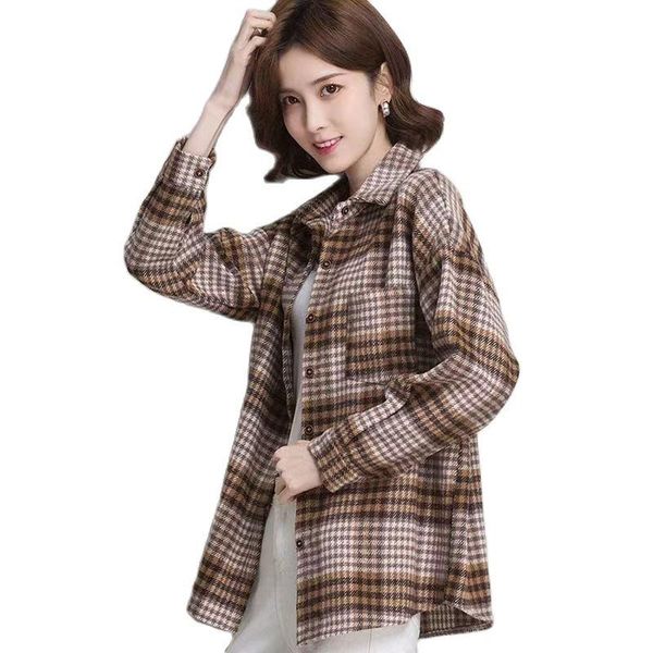 

women's jackets plaid women spring autumnjacket retro long sleeve loose blouses casual cotton button up lady vintage turn-down collar k, Black;brown