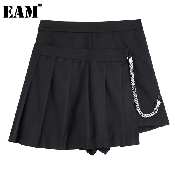 [EAM] Женщины черные асимметричные плиссированные цепи широкие ноги шорты высокой талии свободные брюки мода весна лето 1dd8491 21512