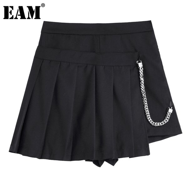 

[eam] women black asymmetrical pleated chain wide leg shorts high waist loose trousers fashion spring summer 1dd8491 21512, White;black