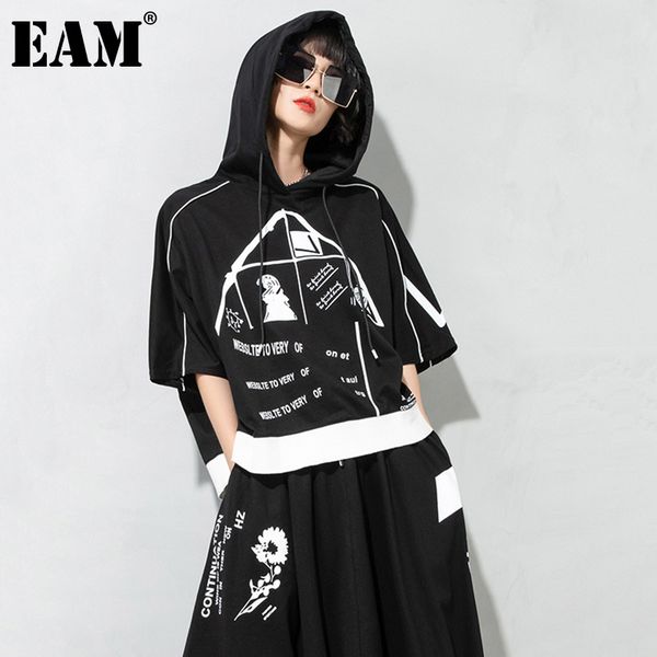 

[eam] women black pattern printed big size t-shirt hooded three-quarter sleeve fashion spring autumn 1dd7749 210512, White