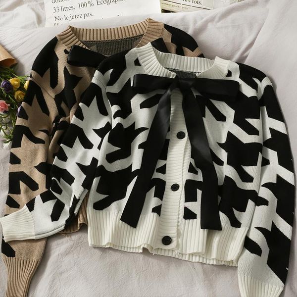 

women's sweaters korean version of the bow tie single-breasted cardigan sweater jacket female spring 2021 houndstooth round neck kk1457, White;black