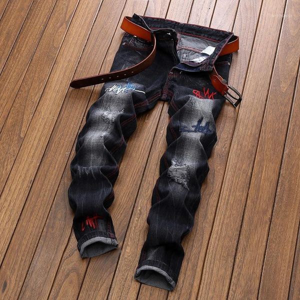 

men's jeans casual men ripped denim high-quality hip hop design trousers straight black embroidery fashion designer, Blue
