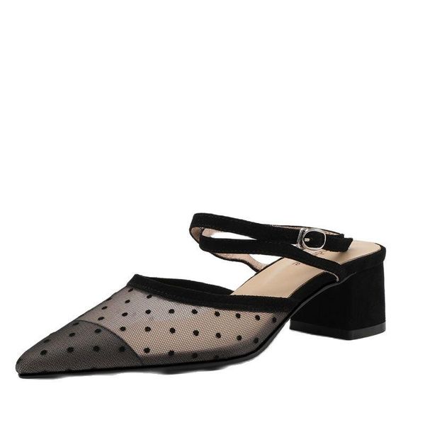 

sandals summer women's 2021 genuine leather mesh pointed toe thick med heel cross buckle shoes black beige
