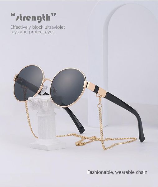 

sunglasses women's fashion with chain small frame round glasses, White;black