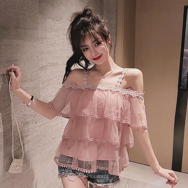 

simple one word neck womens shirts halter boho mesh ruffles short sleeves elegant trim blouse summer lacing sexy, White