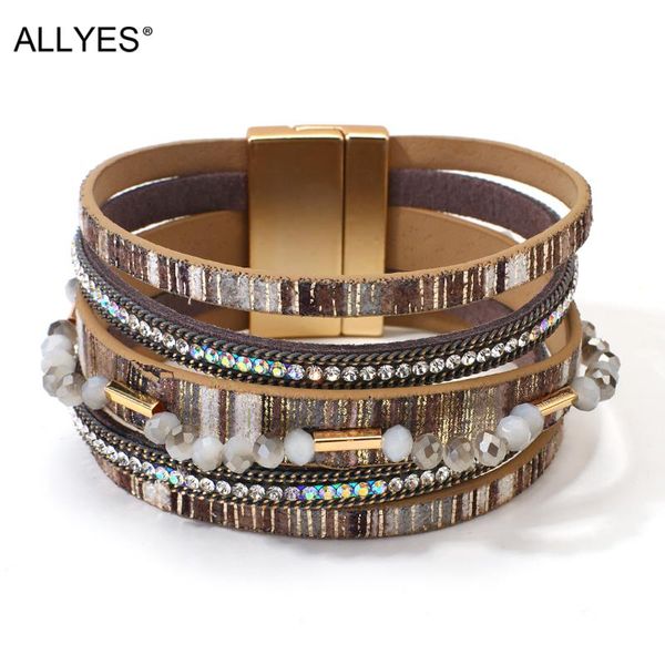 

vintage boho czech crystal multilayer leather bracelet for women fashion miyuki beads wrap femme jewelry tennis, Golden;silver