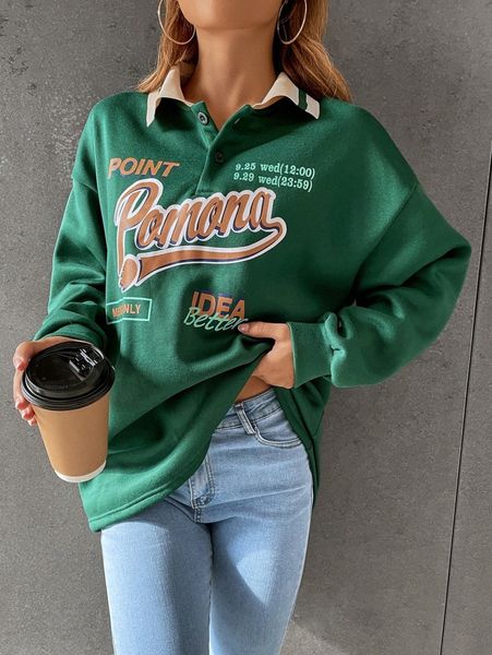 

polo neck letter graphic drop shoulder sweatshirt v3rl#, White;black