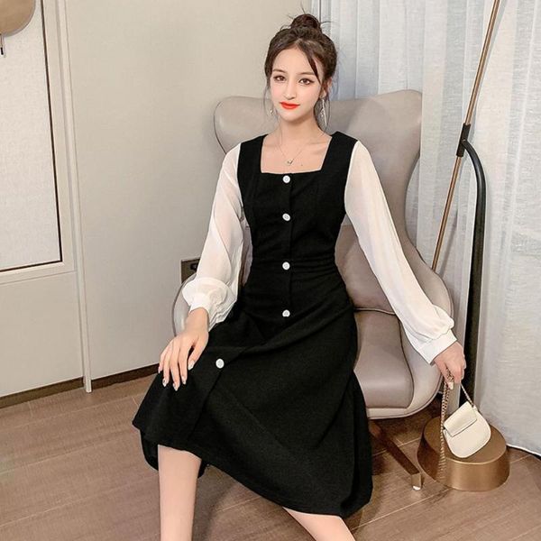 

women small fragrance long puff sleeve medium length dress elegant ladies female slim waist body a-line custom fit dresses casual, Black;gray