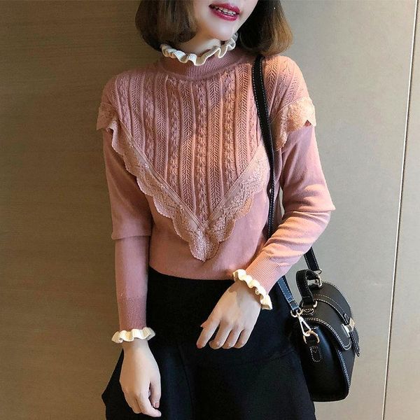 

women's sweaters women 2021 fashion ruffled cropped knitted sweater vintage half high neck long sleeve loose female pullovers chic y65, White;black
