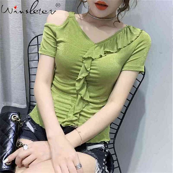 

summer european clothes solid t-shirt fashion v-neck off shoulder ruffles women short sleeve tees t13709a 210421, White