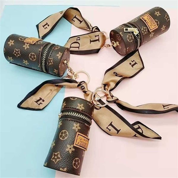 

silky scarf decor designers lipstick organizer case bag key chain rings lippie lipsticks holders makeup bag cylindrical zipper purses keycha, White