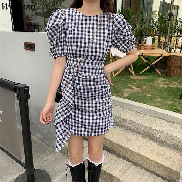

sweet high waist robe femme girls chic plaid dress puff sleeve ruffle dresses all match fashion mini vestidos korean 210519, Black;gray
