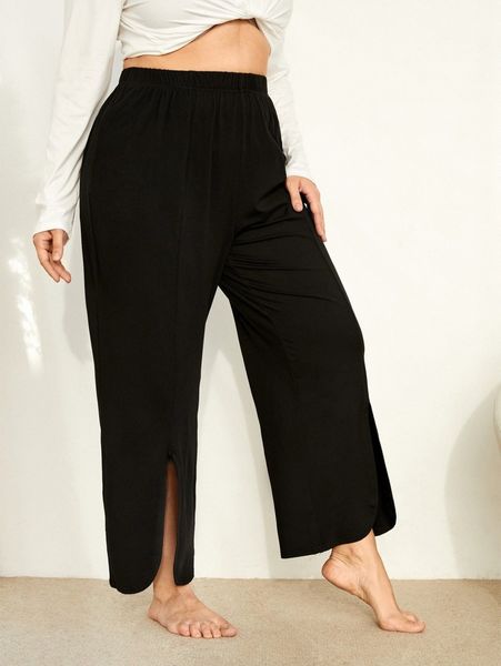 

plus split hem elastic waist lounge pants d7po#, Black;white