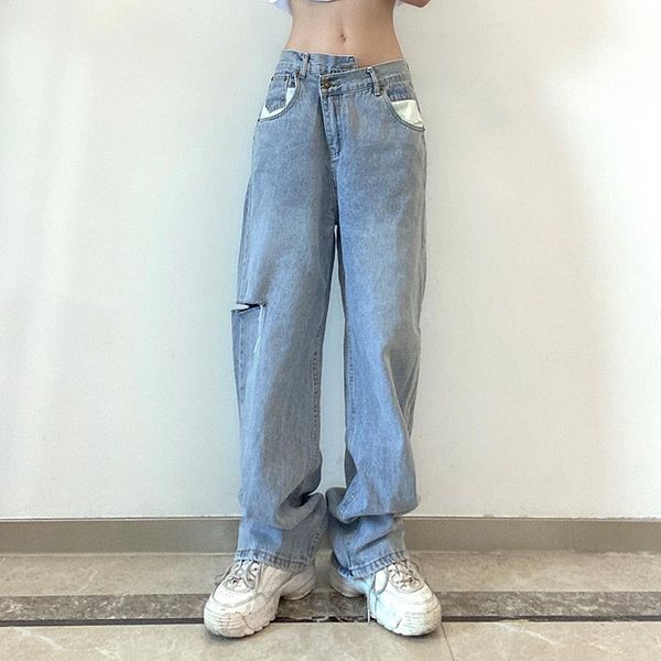 

women's jeans high street y2k fashion knee ripped denim pants casual waist loose straight leg baggy trousers mom jean, Blue