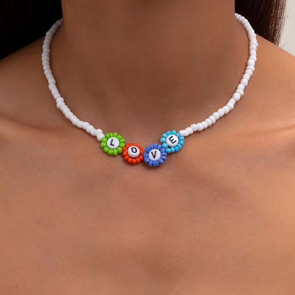 

pendant necklaces ingemark boho cute circle rainbow seed beaded flower choker neck fashion letter love chain necklace for women friends jewe, Silver