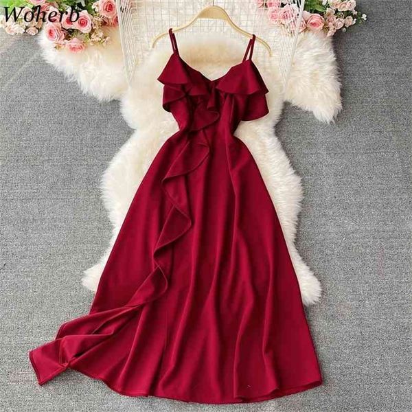 

elegant dress women summer slim robe ruffled spaghetti strap vestidos lady backless split party dresses 4i830 210519, Black;gray