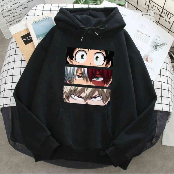 

animation academy my hero print hoodie casual men's loose long sve hoodie autumn spring pocket casual clothing hip hop style, Black