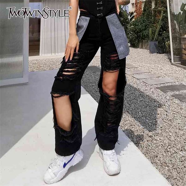 

casual patchwork pocket hole jeans for women high waist streetwear denim pants female fashion clothing 210521, Blue