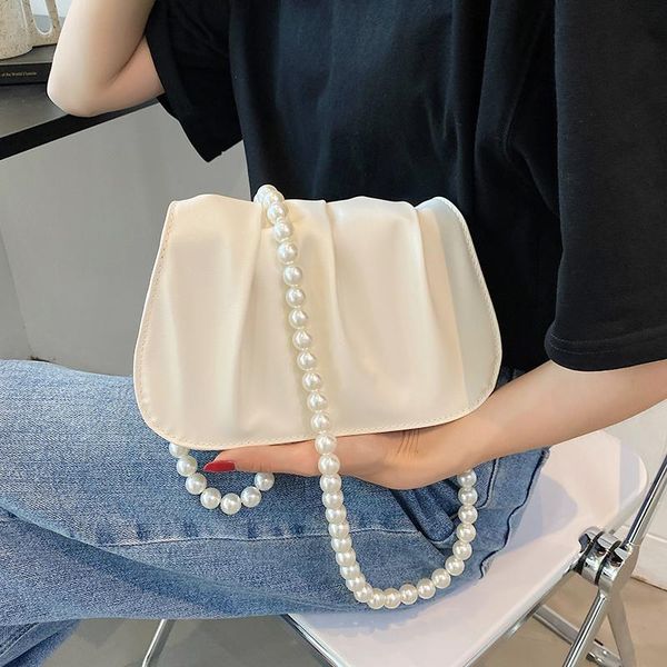 

cross body pearl cloud shoulder bags for women solid color pleated crossbody ladies white leather messenger bag simple small handbags