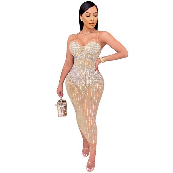 

women bodycon party midi dresses mesh see though rhinestones plunging v-neck club pencil dress, White;black