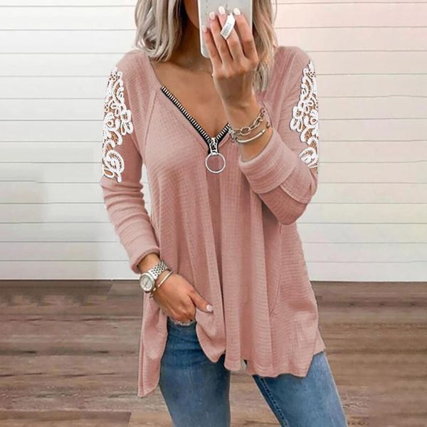 

women's blouses & shirts lace patchwork long sleeve solid color v-neck zipper blouse ladies elegant casual, White