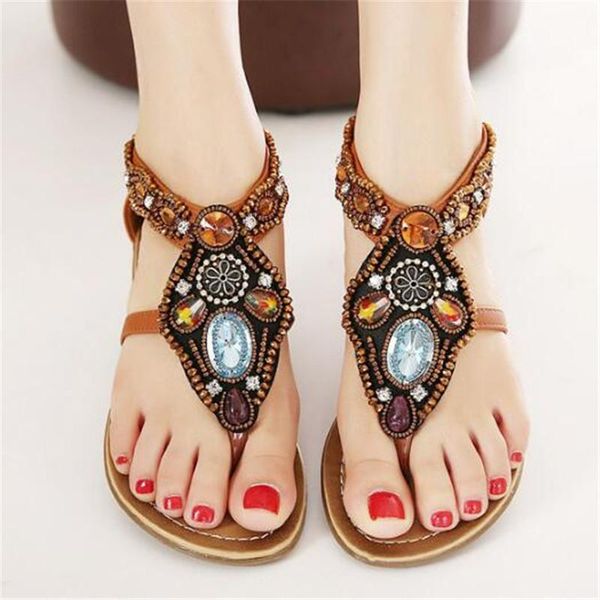

sandals 2021 summer vintage ethnic style women leather rhinestone string bead flat bohimia beach shoes black brown