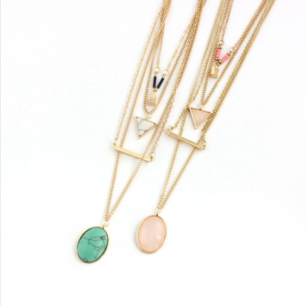 

pendant necklaces fyjs unique light yellow gold color multi layer rose pink quartz link chain necklace green turquoises stone jewelry, Silver