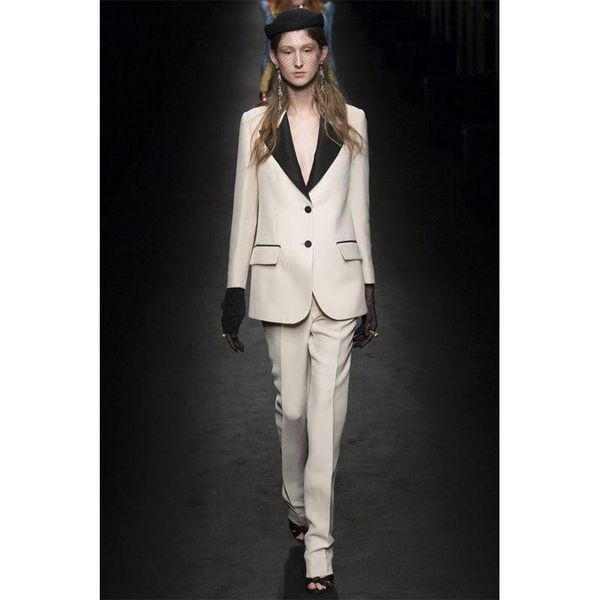 

light beige women business suits formal office work black lapel trouser suit show costume b226 women's two piece pants, White