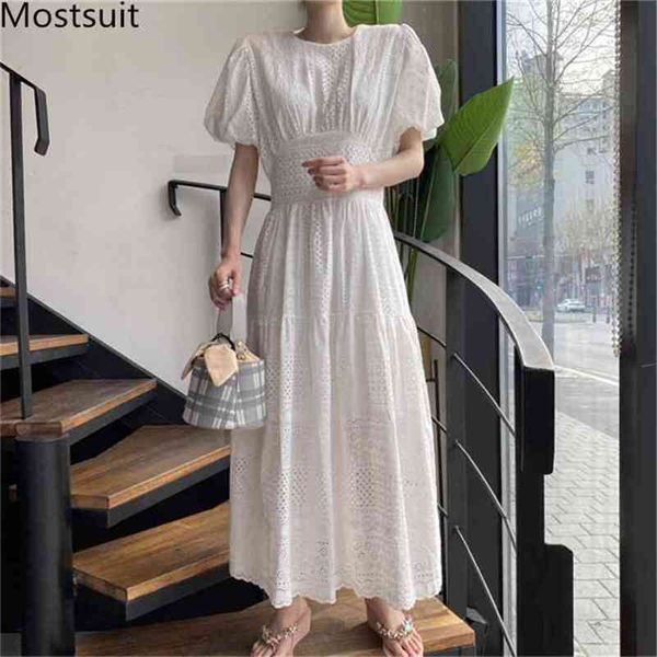 Sommer Koreanische Elegante Spitze Lange Maxi Kleid Frauen Laterne Hülse Oansatz Hohe Taille Gefaltete Kleider Party Mode Vestidos 210513