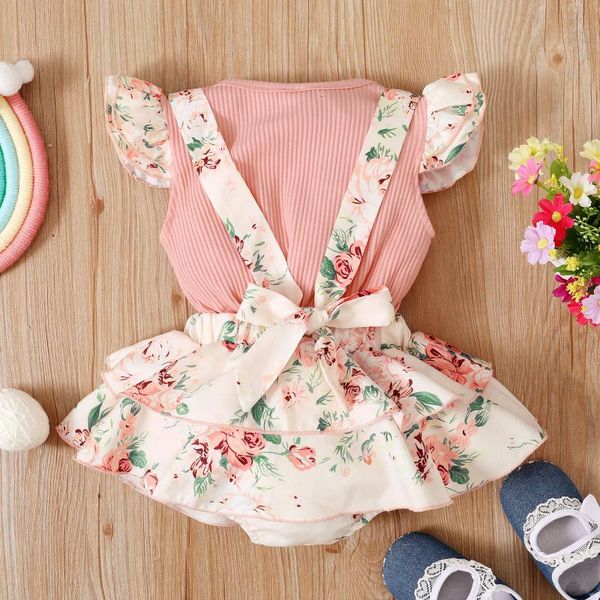 

clothing sets toddler girl clothes summer baby outfit set kids flying sleeve ruffle floral suspender skirt outfits, White