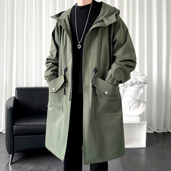 

men's trench coats hybskr spring autumn jacket long coat oversized solid color mantle big pocket fashion hoodie clothing, Tan;black