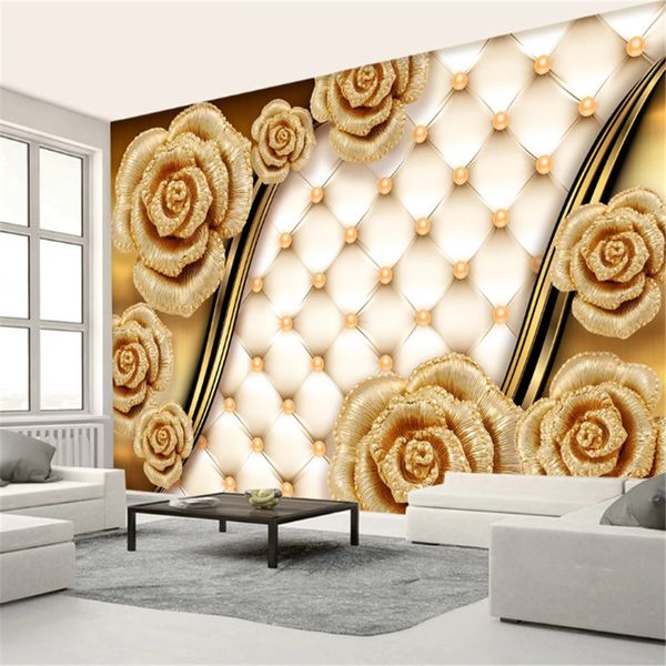 Papel de Parede 3D Foto sala de estar Dourado Jóias Flores TV Fundo de papel parede Quarto papel de parede grandes murais grandes