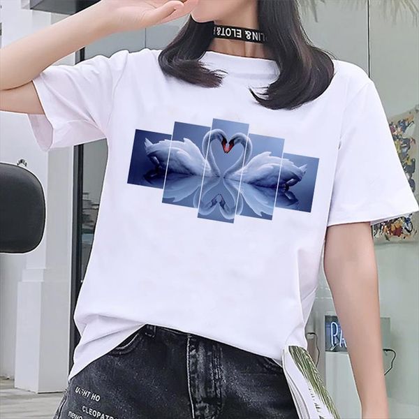 

summer fashion harajuku swan printing womens t shirt aesthetics short sleeve leisure white top