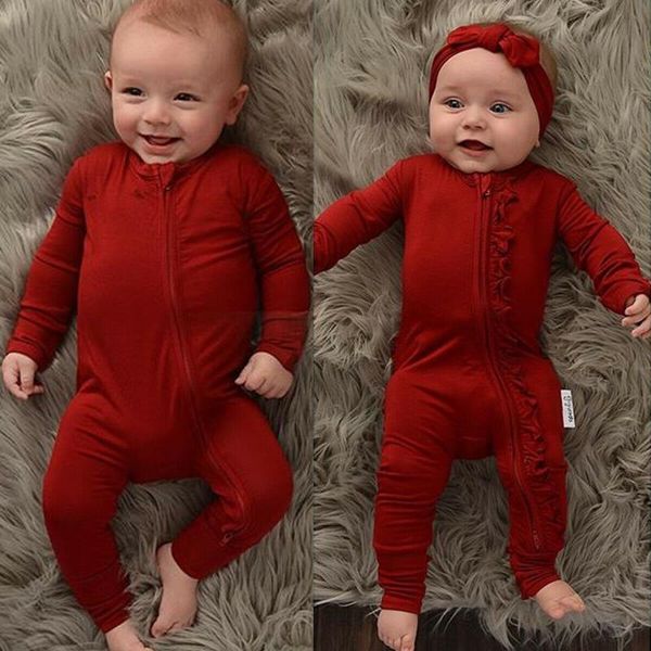 

jumpsuits born infant baby boy girl clothes ruffle red romper solid zipper jumpsuit outfits long sleeve warm autumn o neck clothing, Blue