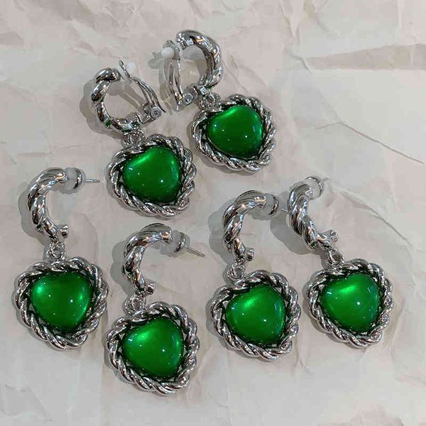 

women jewelry green stone heart stud earrings punk party gown runway rare boucle korean japan trendy hiphop boho, Silver