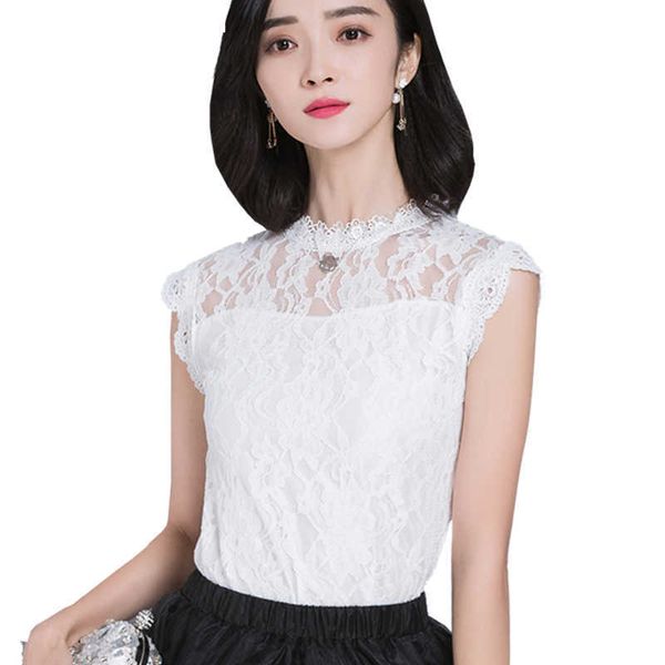 

lace women sleeveless summer korean style elegant hollow out casual blouses shirts for ladies df1432 210609, White