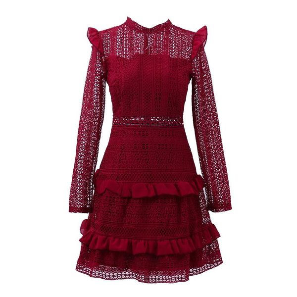 

casual dresses perhaps u lace dress stand collar long sleeve ruffle mini short wine red black solid spring autumn d0876, Black;gray